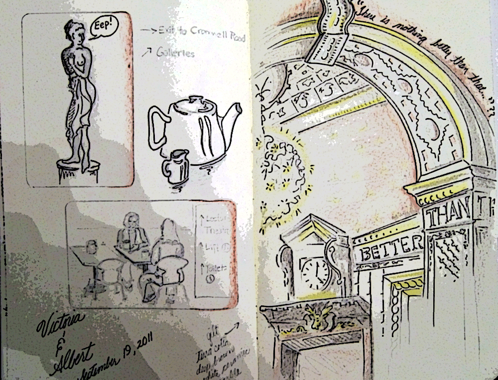 sketch of tea room and cartoons