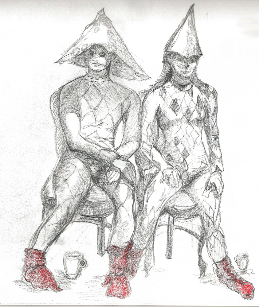 sketch of two harlequins