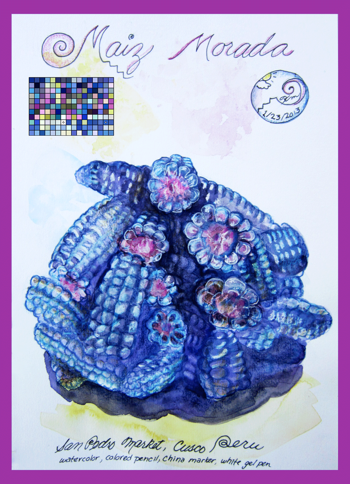 sketch of blue and purple corn cobs