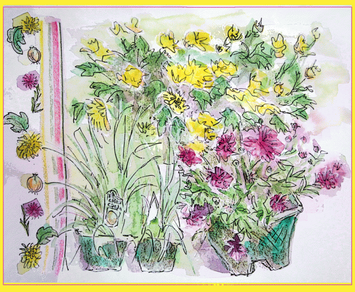 sketch of onions and flowering plants