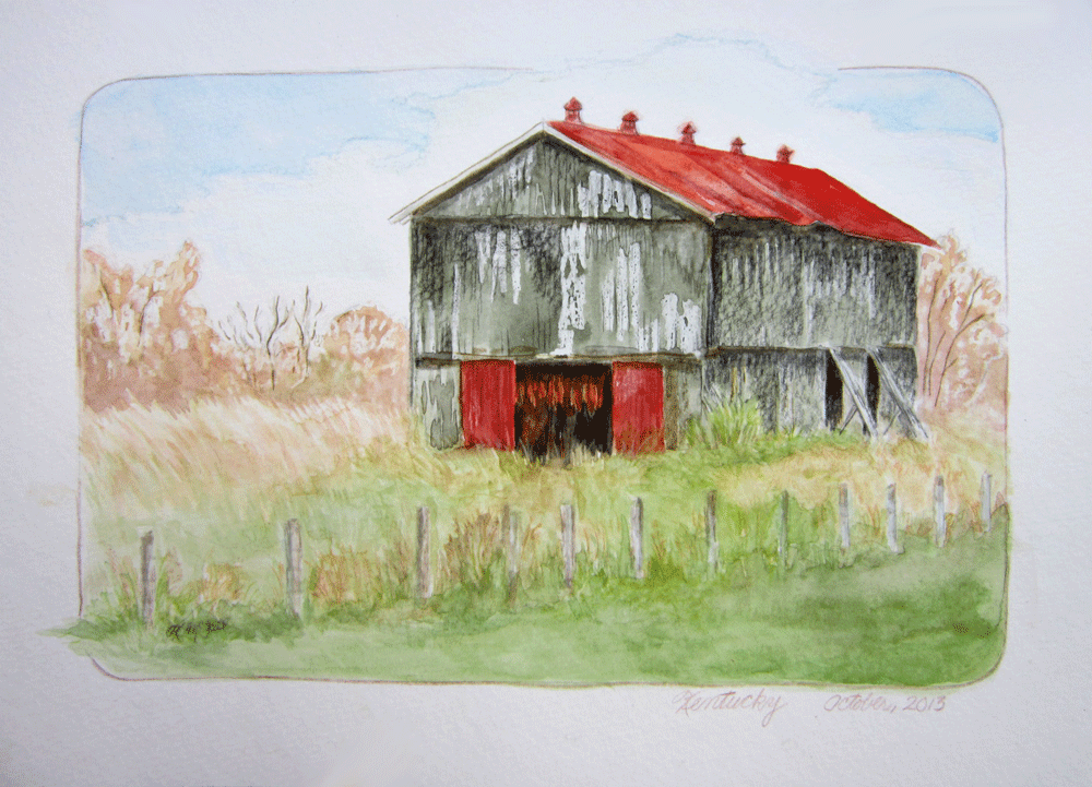 sketch of black tobacco barn