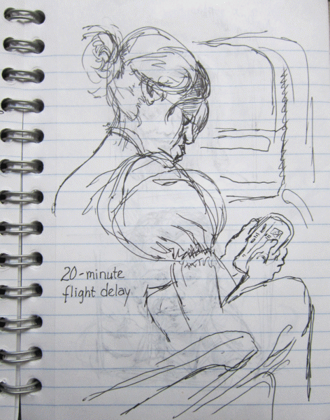 "Flight Delay", ink sketch by Kerry McFall