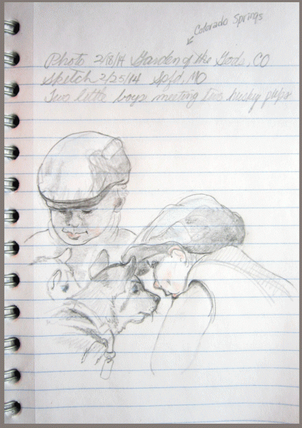 sketch of little boys and huskie puups