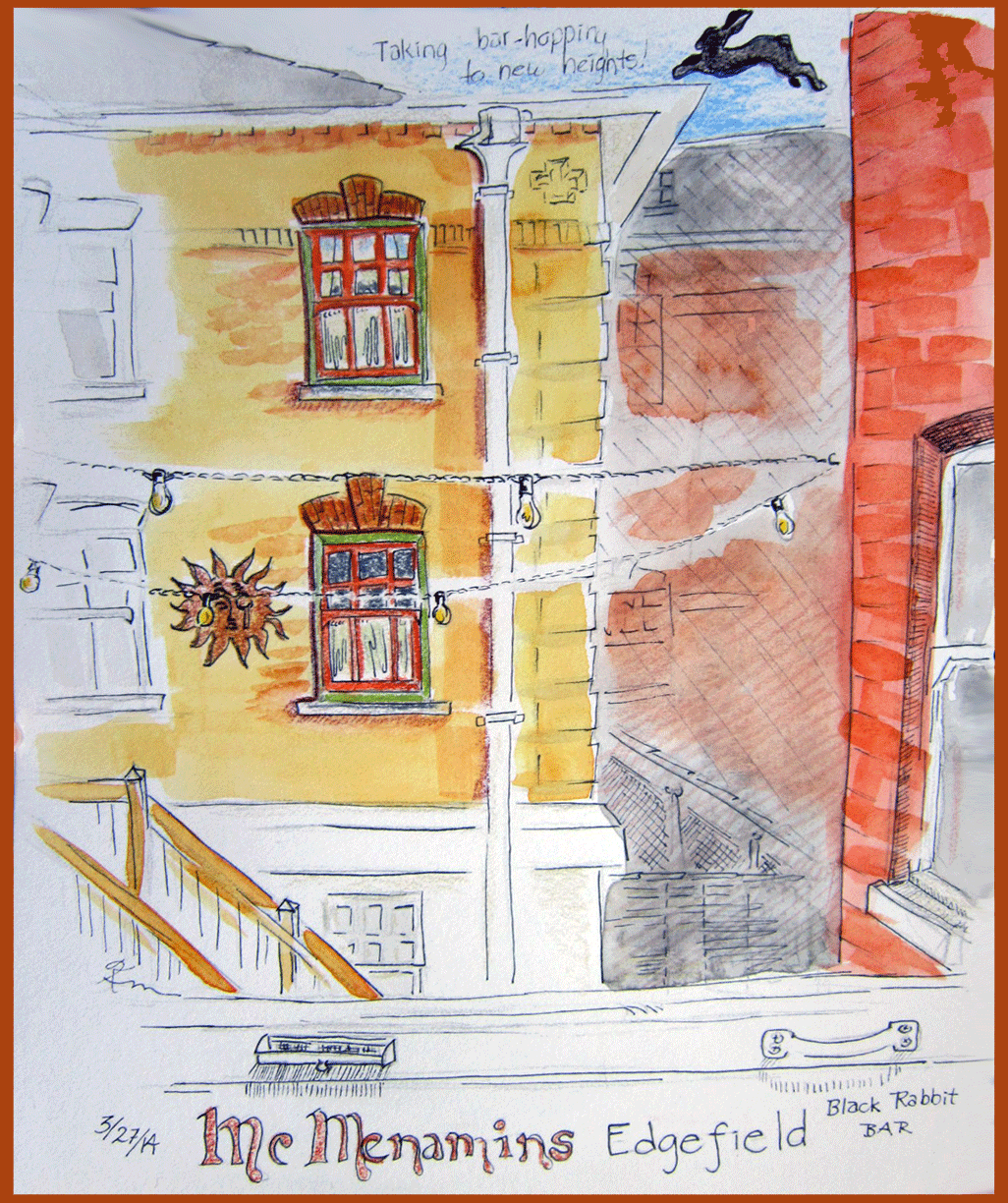 sketch of rabibit jumping over brick buildings