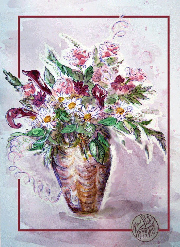 sketch of metallic vase and flowers