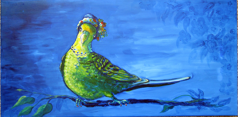 painting of a parakeet in a hat
