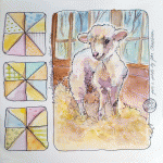 sketch of lamb with quilt block borders