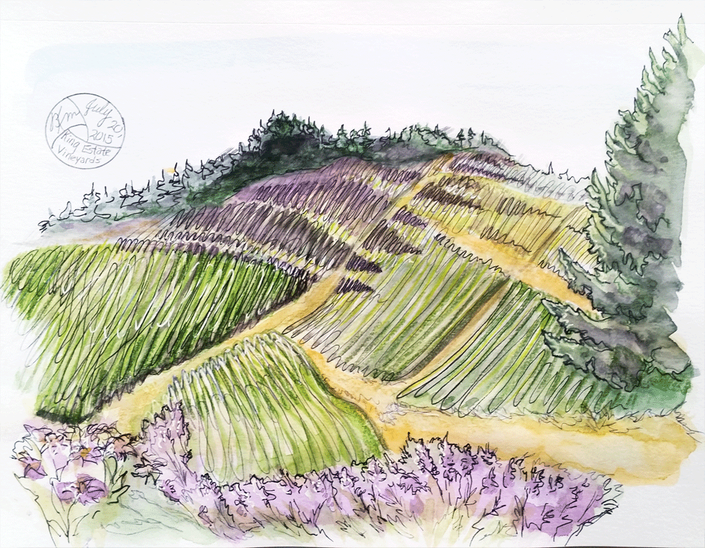 "Lavender Shadows at King Estate Vineyard", mixed media by Kerry McFall