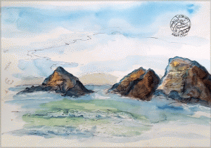 panted sketch of ocean rocks