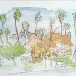 Sketch of restaurant and palm trees, San Diego
