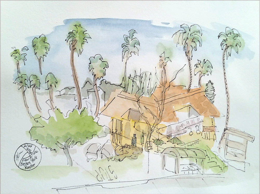 Sketch of restaurant and palm trees, San Diego