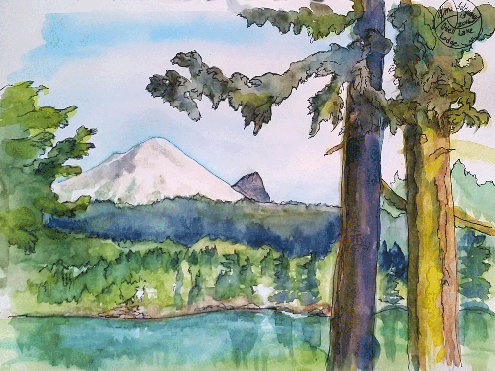 painting of white mountain reflected in lake