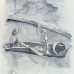 sketch of girls in canoe
