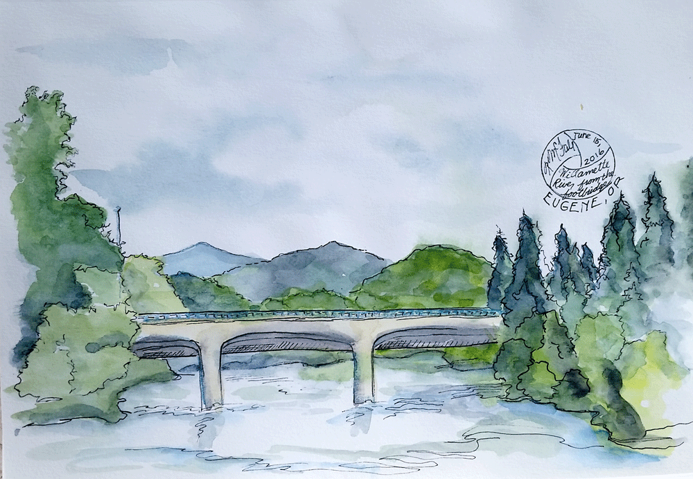 "Willamette River from the Footbridge", mixed media by Kerry McFall