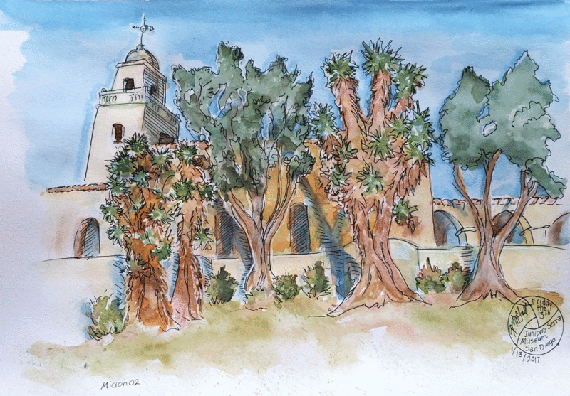 sketch of bell tower and succulent trees