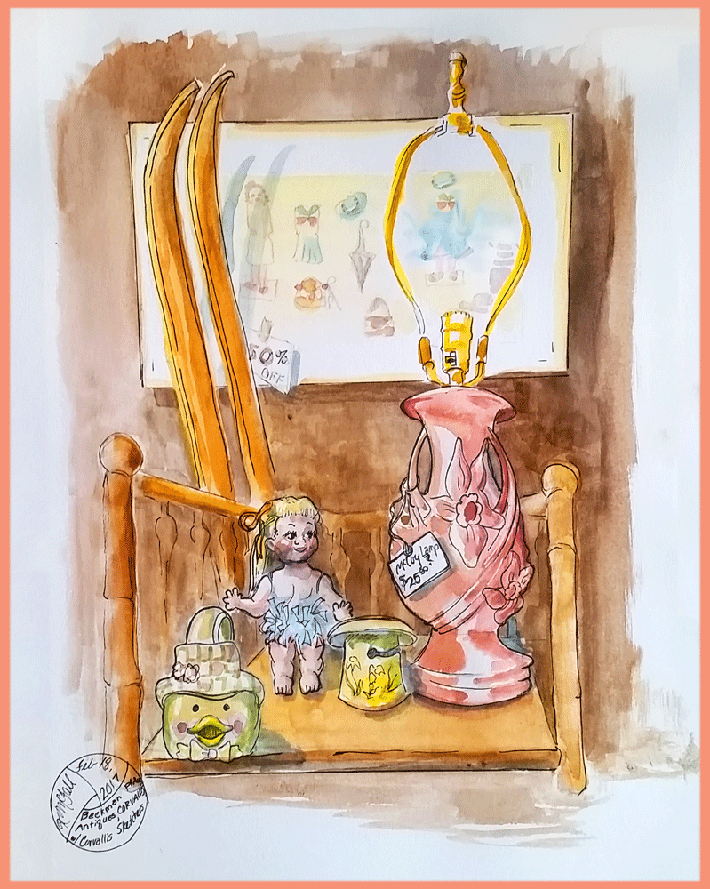 sketch of shelf items in antique store