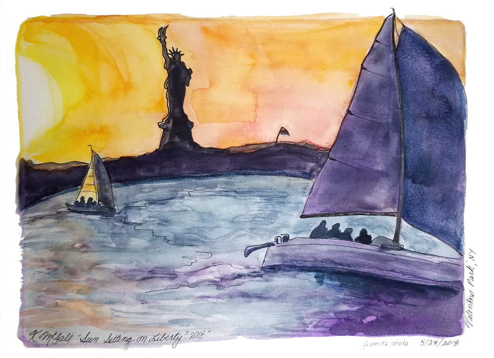 sun setting on Statue of Liberty, sialboats in foreground